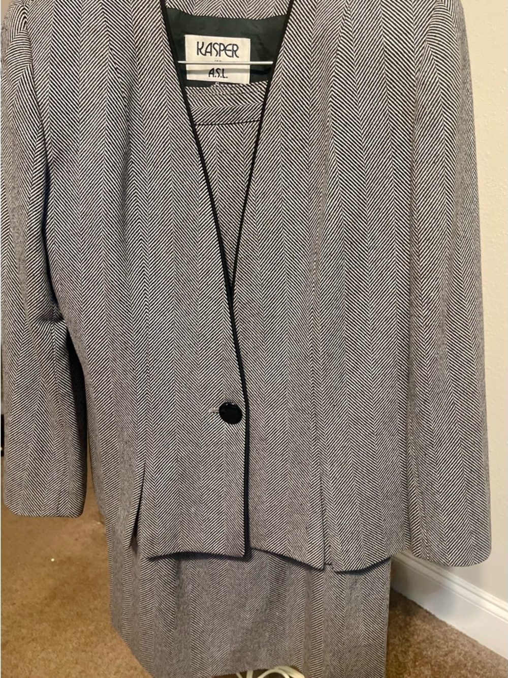 Kasper Black and White Herringbone Blazer with Black Trim